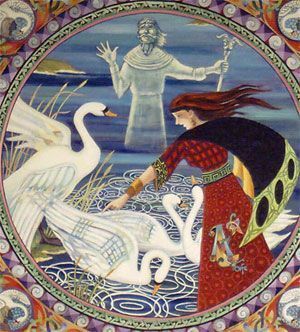 Aife la esposa de Lir convirtiendo en cisnes a los hijos de Lir