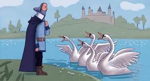 4 cisnes encantados contándoles la verdad a su padre Lir