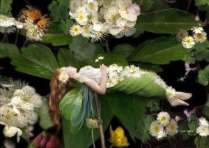 hada del jardín rodeada de florres
